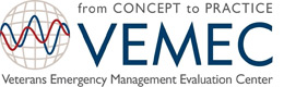 Logo for Veterans Emergency Management Evaluation Center (VEMEC). From concept to practice