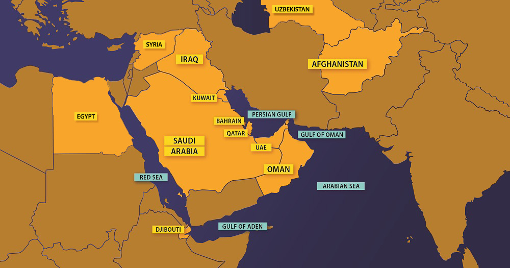 Map of Southwest Asia with countries highlighted in which burn pits were a common practice