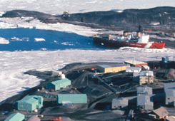 View of McMurdo Station with Coast Guard icebreaker